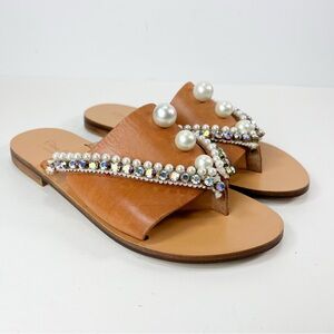 Elina Linardaki Pearl Crystal Embellished Leather Sandals size 38 / US 7
